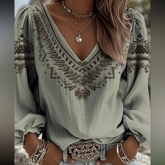 Tribal Print Lantern Sleeve V-Neck Blouse - Olive/Brown - Picture 1 of 3